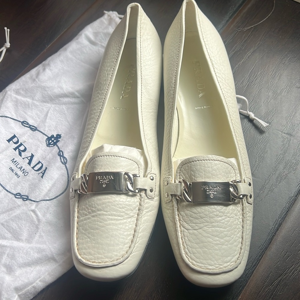 PRADA White Leather Loafers